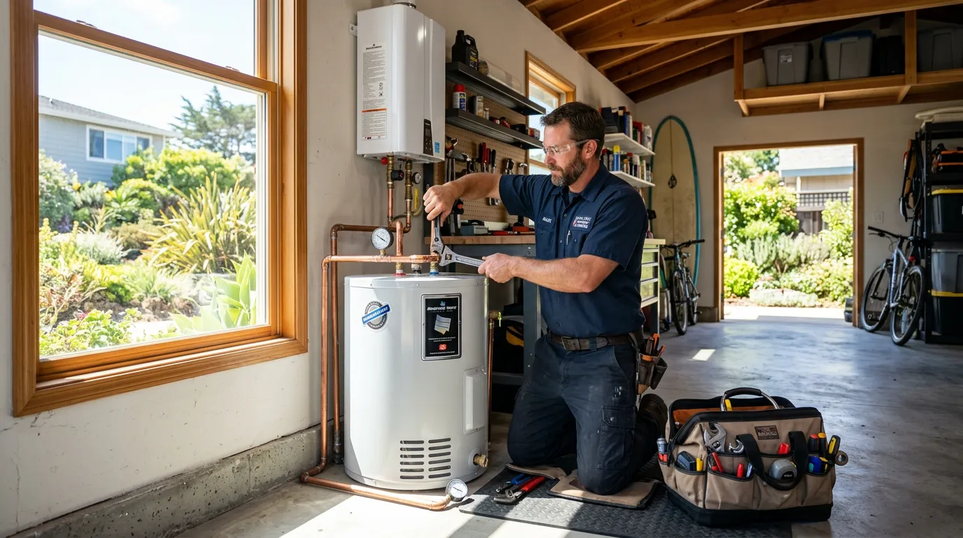 Close-up of a corroded residential water heater showing rust and sediment buildup near the base